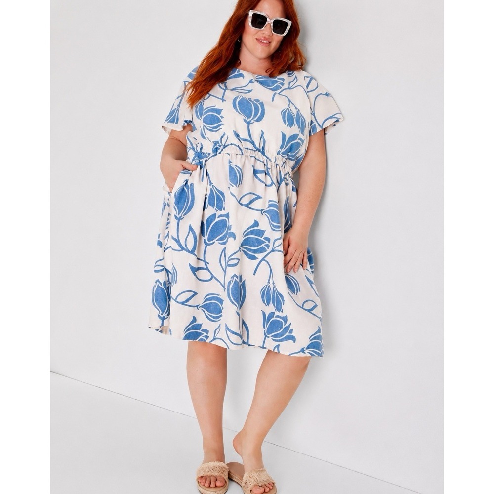 Lane Bryant Floral Linen Blend Dress Plus Size‎ 24 Blue White Midi Cottagecore